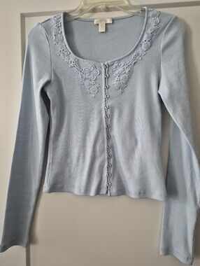 Light Blue Lace-Trim Ribbed Button-Front Women's Top